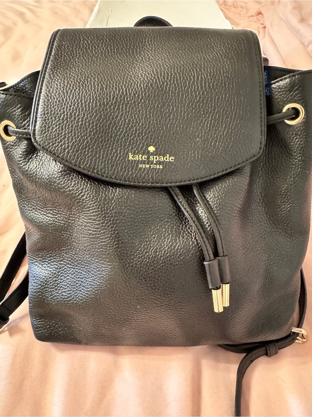kate spade Black Pebbled Leather Drawstring Flap Backpack